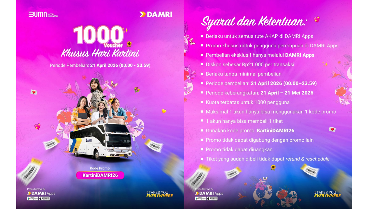 Promo Hari Kartini 2026, DAMRI Beri Diskon Rp21 Ribu Khusus Penumpang Perempuan