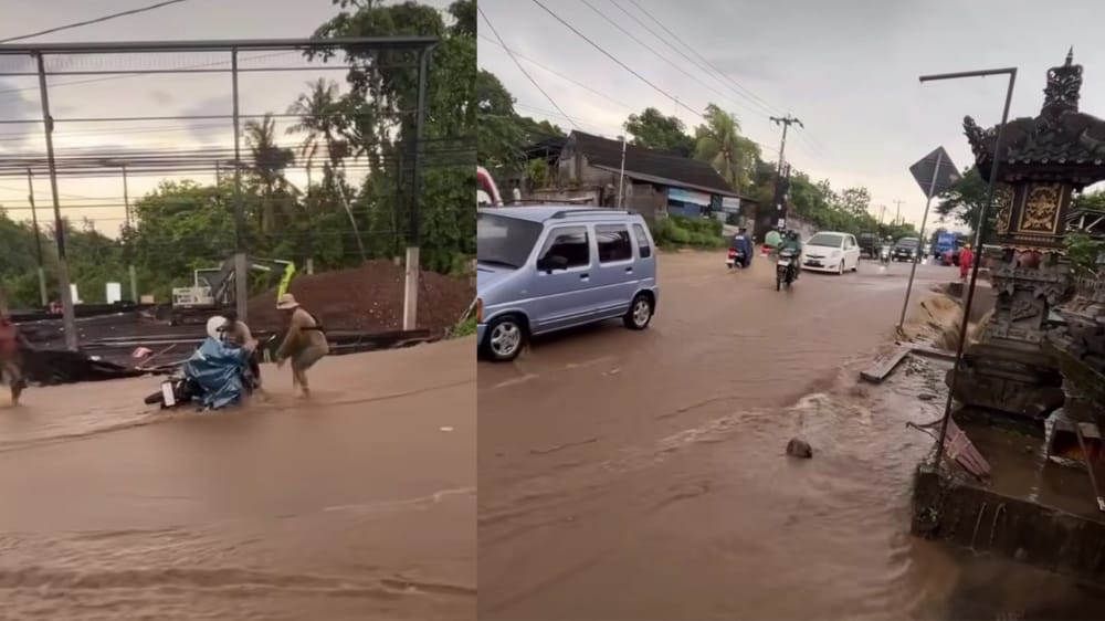 Banjir Akibat Kayu Sumbat Gorong-Gorong Lumpuhkan Arus Lalu Lintas di Jalur Denpasar–Gilimanuk