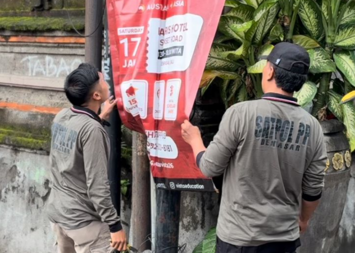Satpol PP Kota Denpasar Tertibkan Baliho hingga Pamlfet yang Tidak Sesuai Aturan